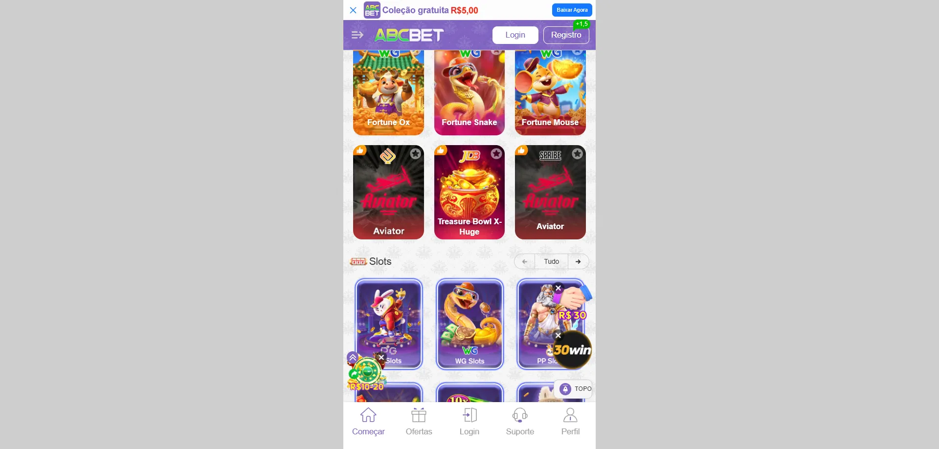 Jogos de slots e cassino no app Abcbet — experiência mobile completa